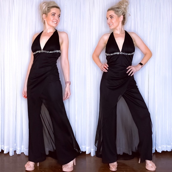 Niki Lavis Pants - Black Pants Jumpsuit with Overlay Train